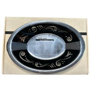 VTG Lenox Metal & Black Glass Bread Tray 8" x 11" Serving Plate Modern Art Deco